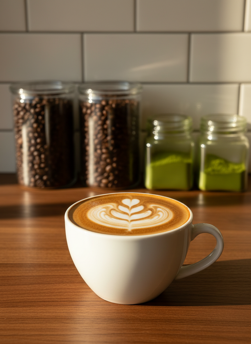 A pristine white ceramic cappuccino cup with a subtle gloss finish, filled with velvety espresso and silky microfoam latte art, resting on a warm walnut counter. Behind it, a neatly arranged row of glass jars with coffee beans and premium matcha powder sits against a clean, light-colored tile wall. Soft morning sunlight filters through large unseen windows, casting gentle shadows and warm highlights across the counter. Shot at eye level with a shallow depth of field so the cup is in sharp focus while the background softly blurs. The photographic realism and calm, inviting mood reflect a professional yet cozy neighborhood coffee shop atmosphere.