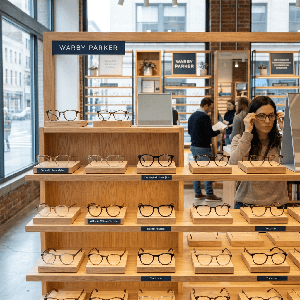 Current image: Eyeglasses on wooden shelves at Warby Parker store with woman trying on glasses