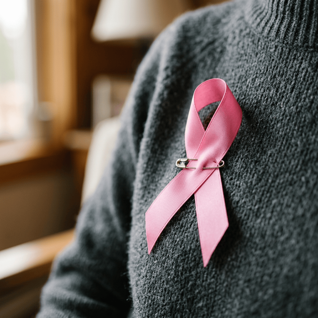 Pink breast cancer awareness ribbon pinned to gray sweater