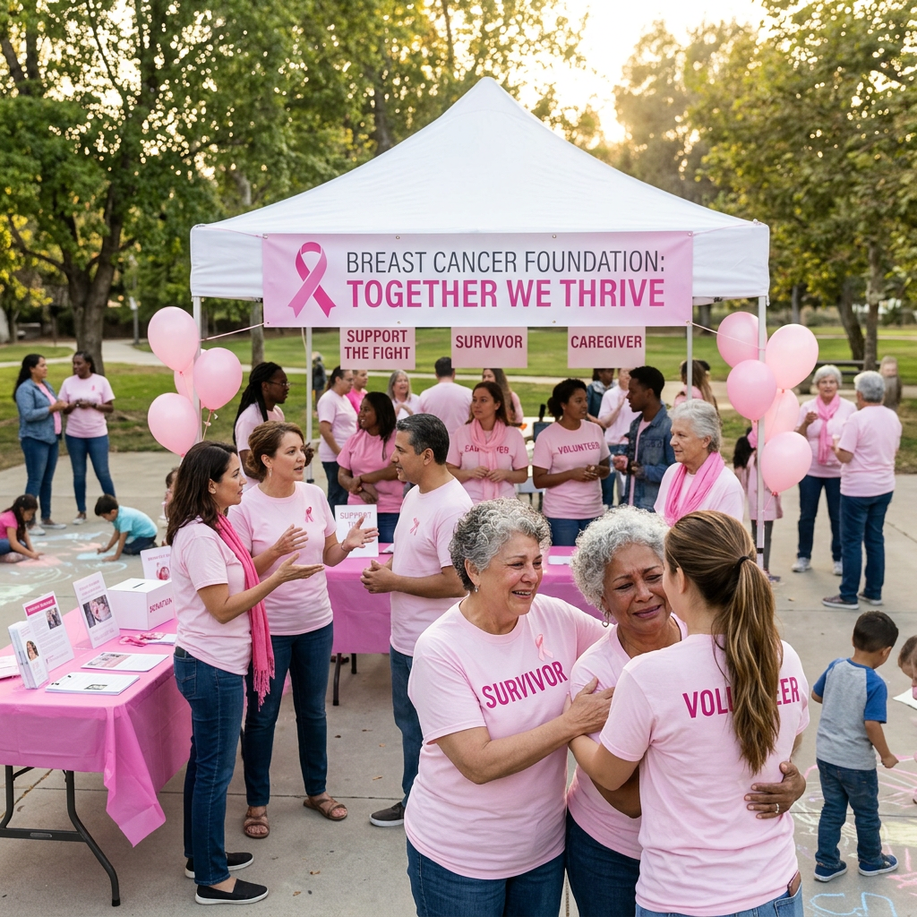 People wearing pink shirts at a breast cancer foundation event with support signs and balloons